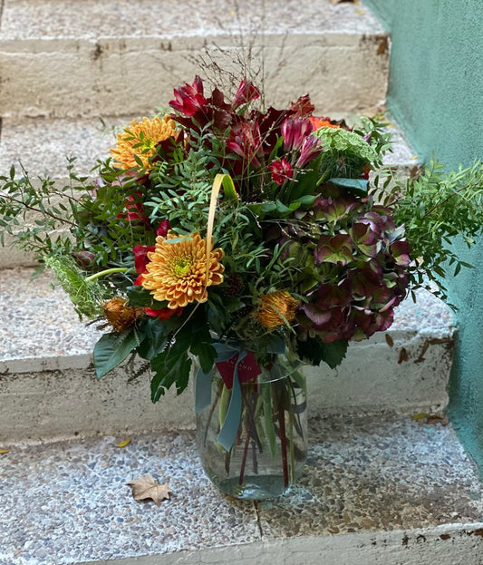 Jarrón Grande de Cristal con Flores de Otoño