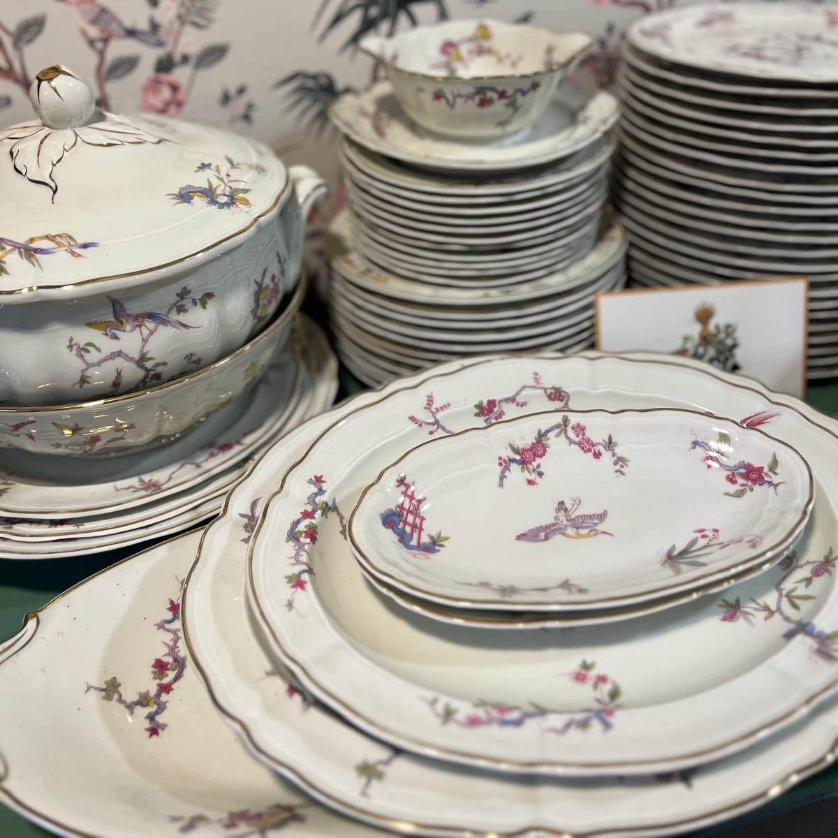 Vajilla francesa Limoges pájaros rosa