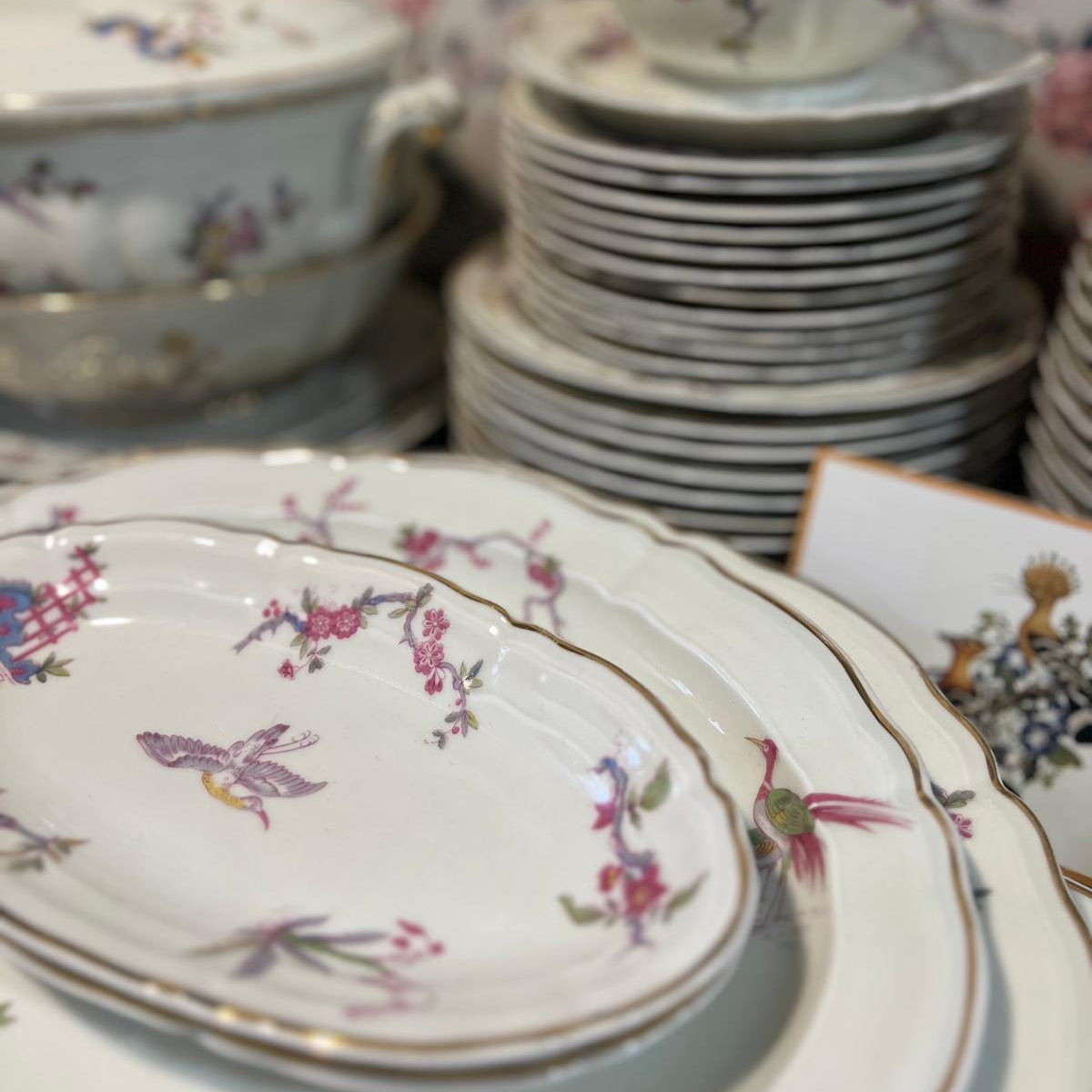 Vajilla francesa Limoges pájaros rosa