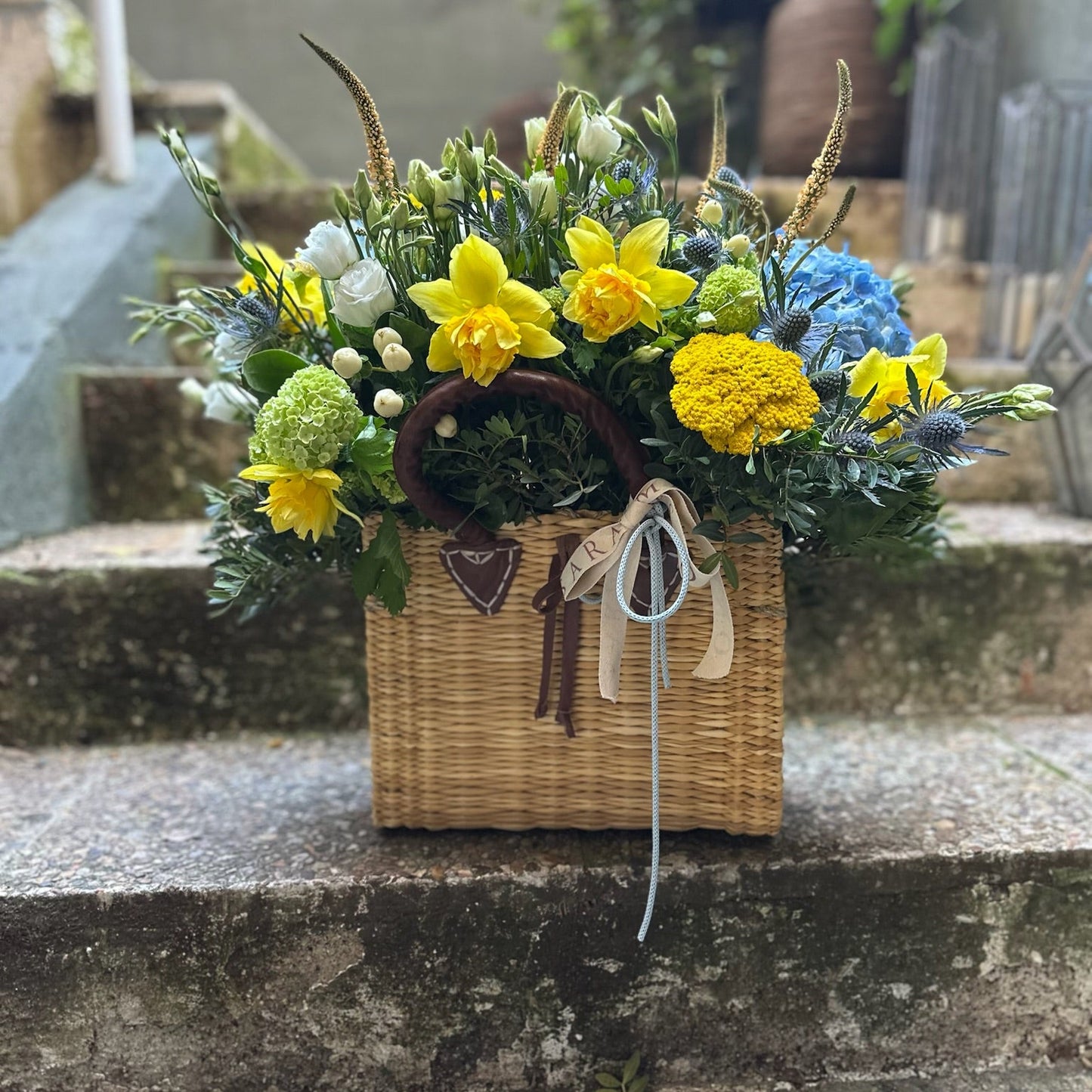 Medium Straw Handbag with Flowers
