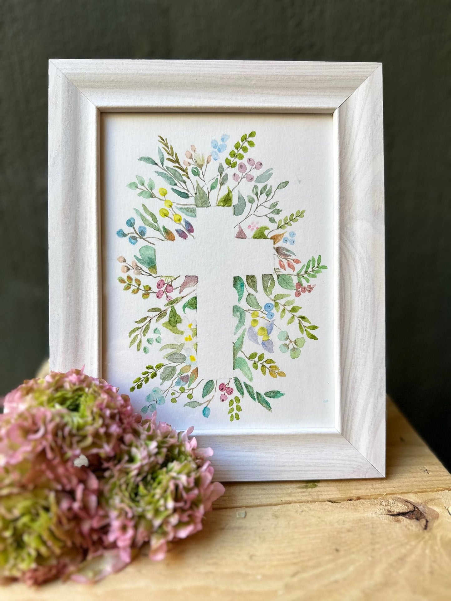 Silhouetted Cross Watercolor of Flowers