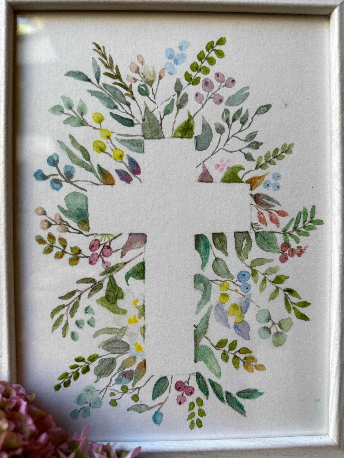 Silhouetted Cross Watercolor of Flowers