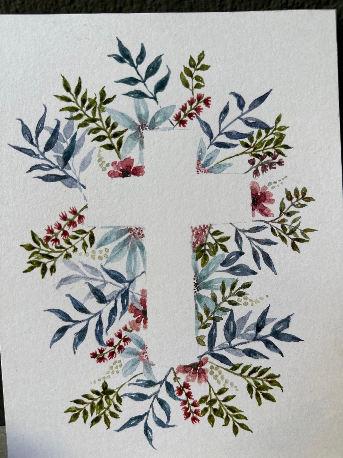 Silhouetted Cross Watercolor of Flowers