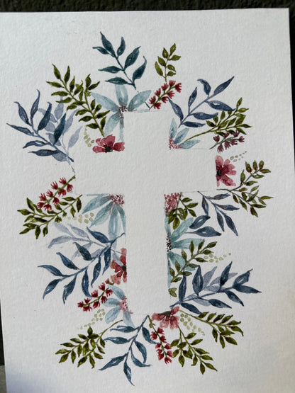 Silhouetted Cross Watercolor of Flowers
