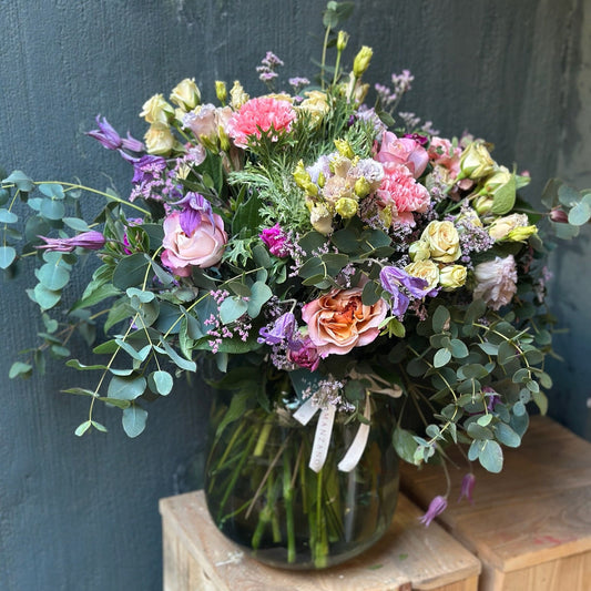 Large Fat Glass Vase with Seasonal Flowers